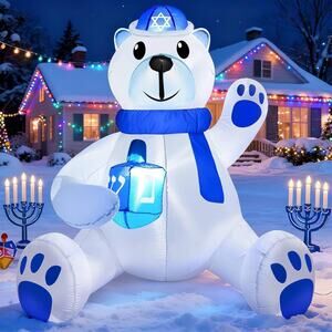 4 FT Hanukkah Inflatable Decoration Large Sitting Polar Bear Outdoor Yard Decor